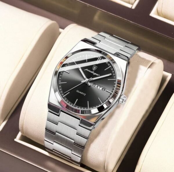 POEDAGAR 1pc Fashionable Waterproof Luminous Stainless Steel Men's Watch With Date & Day Display, Casual Quartz Wristwatch For Men