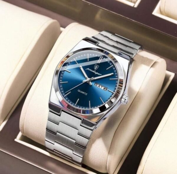 POEDAGAR 1pc Fashionable Waterproof Luminous Stainless Steel Men's Watch With Date & Day Display, Casual Quartz Wristwatch For Men